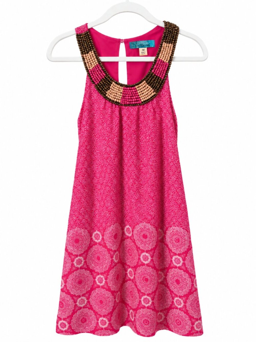 2010s Hot Pink Beaded Statement Collar Shift Dress M Boho Festival Made USA